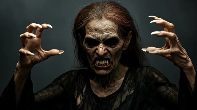 Old Red-Haired Vampire Woman Spitting Black Smoke Turning Toward Camera