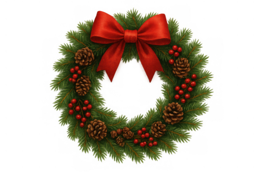Festive winter wreath featuring green fir branches, red ribbon bow, natural pine cones, and vibrant red berries - Powered by Adobe