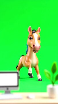 Quirky Office Interlude with funny businessman in horse mask dance during break to cheer up colleagues at workplace on a green screen chroma key distortion, overlay, glitch, static noise, scan lines