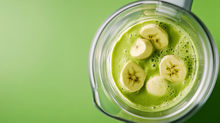 Close-up of a clear blender with green smoothie topped with banana slices. Background is a solid green color, offering a fresh, healthy vibe to the beverage.