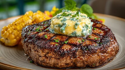 Grilled steak topped with herb butter served with corn on a plate.