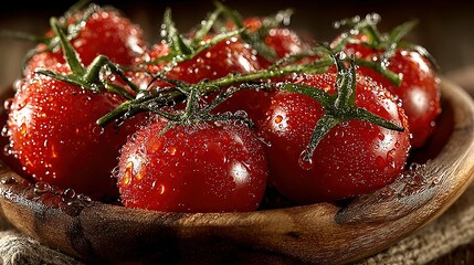 Group of red tomatoes with green stems in a wooden bowl.