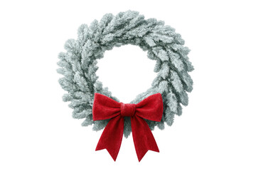 Flocked christmas wreath with red bow, decorating for winter holidays, festive season celebration