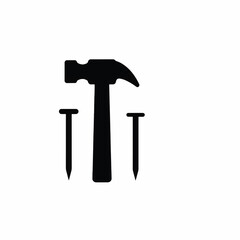 Claw hammer and two nails silhouette on white background essential tools.