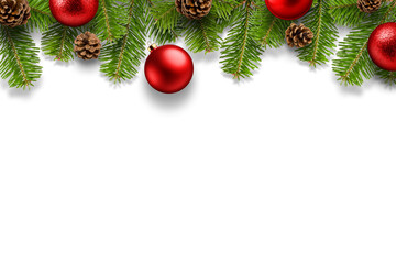 Christmas composition with green fir branches, red baubles and pine cones isolated on a transparent...