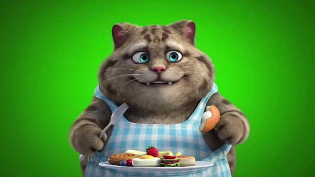 Animated Brown Tabby Cat with Blue Eyes Holding Plate of Food Wearing Blue Gingham Apron Against Green Background with Neutral Lighting Optimized for