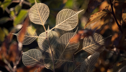 Ethereal skeletal leaves- a botanical composition highlighted by golden sunlight- revealing nature's delicate architecture and intricate organic patterns