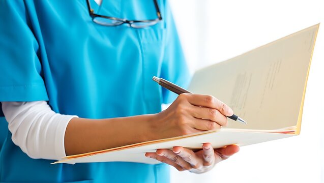 Doctor filling out paperwork in hospital or clinic setting healthcare professional