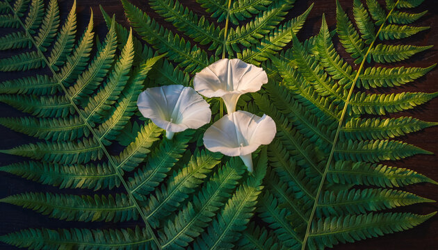 Delicate white trumpet flowers nestled amidst lush green fern fronds – a serene botanical composition bathed in soft, natural ambient light - Powered by Adobe