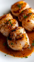 Fototapeta premium Seared scallops on a white plate, glistening in a rich sauce and garnished with fresh herbs. A culinary delight that promises a burst of flavor with every bite.