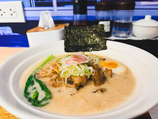 Close up of Japanese food, Ramen grilled pork at restaurant 