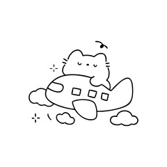 Cat naps on a cartoon plane amid clouds