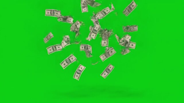 Animated Cash Flow with 2d animation motion graphics drawing of money dollar bill or bank note thrown up and falling down on white green screen alpha matte in hd high definition distortion, overlay