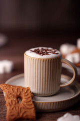 creamy cappuccino in textured beige mug with chocolate sprinkles atop saucer pairing with decorative biscuit in soft ambient light and warm rustic setting, snack, sugar, flavorful, artisanal, café