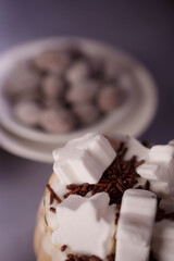 close-up of cozy hot chocolate topped with marshmallows and chocolate sprinkles, with blurred cookie plate in background, capturing warm and sweet atmosphere, rich, topped, dine, spoonful, festive