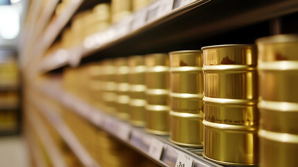 Aisle of golden canned goods on shelves. Rows of matching canned items provide a sense of order and abundance, highlighting products for easy selection and stocking needs.