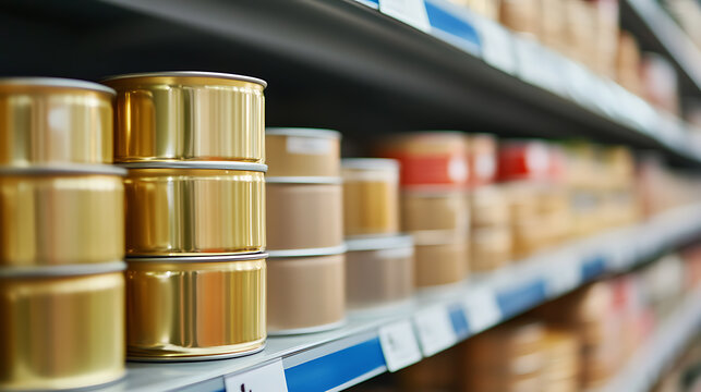 Aisle of canned goods on shelves, showcasing pantry staples for quick and easy meals, offering a variety of food options for convenient and accessible cooking. Ready to eat and stock.