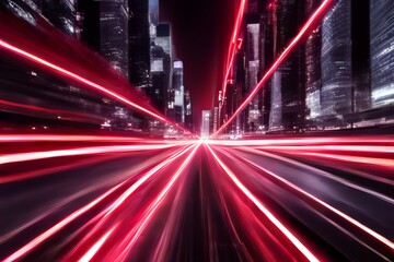  vector red light line with futuristic motion effect and abstract automobile blur, glowing trail and beam streak in city design, PNG dynamic disco background for speed illustration and night road. 