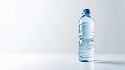 Clear plastic water bottle stands upright, filled with liquid, on a white surface