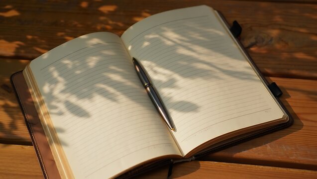 Open notebook with pen on a wooden table bathed in sunlight