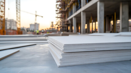 Sheets on a construction site showcase the ongoing work at a construction site. The setting sun casts a warm glow, highlighting the building's structure.
