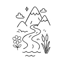 Line art of mountains, river, flower, and clouds
