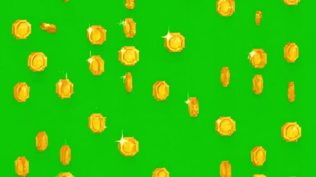 Green Screen Game Assets with rain from the golden coins on chromakey background animation of falling pixel coin retro 8 bit style 4k resolution distortion, overlay, glitch, static noise, scan lines