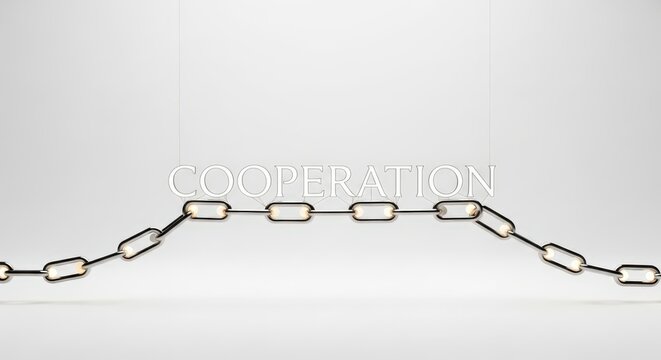 Cooperation Concept Photography: Micro-Serif Typography in White Void with Interconnected Glowing Chain &ndash; Elegant Interdependence in Macro Detail