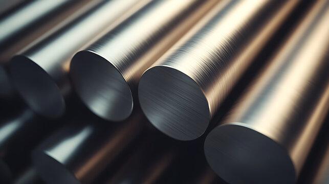 Close-up shot of a collection of polished metal rods, showcasing their smooth surfaces and uniform cylindrical shapes. The image captures the texture and sheen of the metal material.