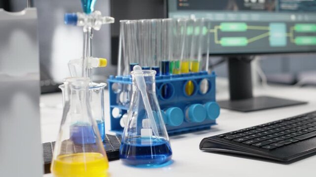 Close up of colorful chemical solutions inside scientific flasks on lab workbench. Reagents to be used for experimental analysis inside empty high tech research center, handheld camera shot