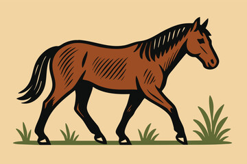 Horse in motion bold linocut style minimalistic vector illustration with strong lines and earthy brown palette ideal for equestrian packaging label or branding art