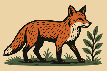 Obraz premium Red fox minimalistic illustration with bold lines and flat pastel design in vintage linocut style ideal for packaging labels or wildlife-themed artwork