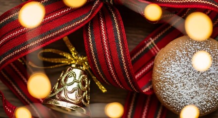 A warm Christmas scene featuring a red-green plaid ribbon, a shiny gold bell with star cutouts, and a powdered sugar star cookie on rustic wooden surface. Festive, cozy, and perfect for holiday mood.
