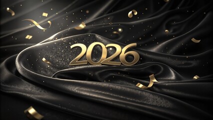 Fototapeta premium Black Silk Luxury Happy New Year 2026 Golden Ribbon Style Template