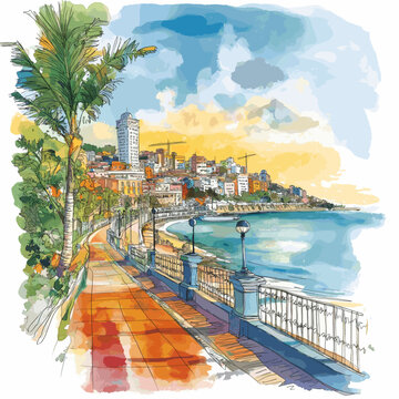 Guayaquil Malecon 2006. Guayaquil Malecon 2006 hand drawn watercolor illustration
