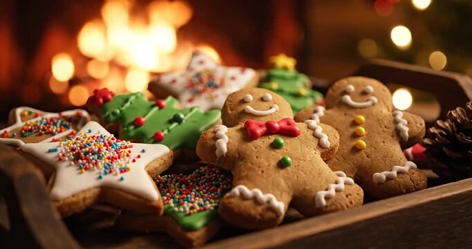 Close-up of freshly baked and decorated Christmas cookies on a tray.