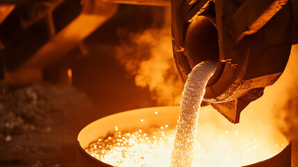 Molten metal flowing from a crucible into a container at a foundry. The intense heat creates steam, casting a warm glow over the industrial setting. Manufacturing process.