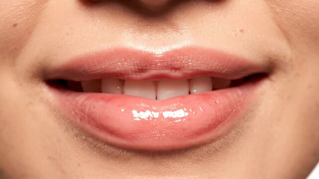 Close-up of a woman's lips with glossy makeup and light skin tone