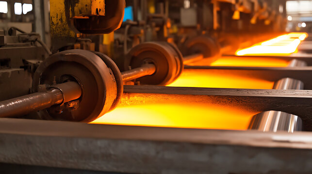 Metal casting in a factory showcases a continuous process where molten metal is molded into shapes. This is a precise and efficient manufacturing technique.