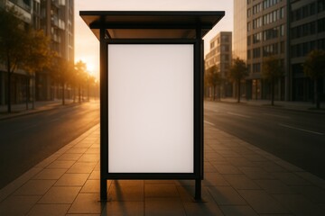 Blank white poster mockup on an outdoor bus stop in a modern city street at sunset. Warm sunlight, reflections on glass panels, soft shadows.