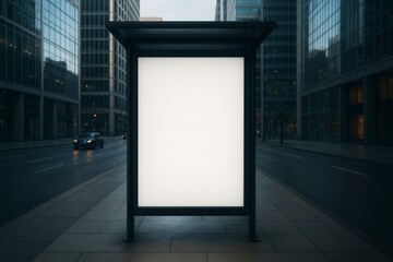 Outdoor advertising poster mockup on glass bus stop in financial district. Modern office buildings and light traffic in the background.