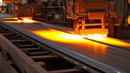 Hot metal casting process shows molten metal being shaped by industrial machinery, glowing with intense heat. Precision and power meet in metalwork in a manufacturing plant.