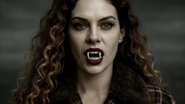 Vampire Woman with Golden Brown Curls Wearing Lumberjack Shirt Revealing Fangs Close-Up