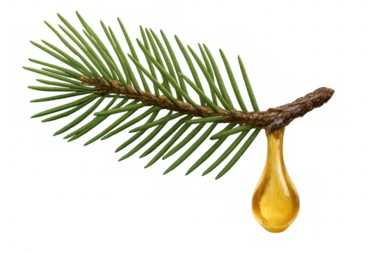 Pine tree branch featuring a clear golden resin drop, representing natural healing, isolated for versatile design elements