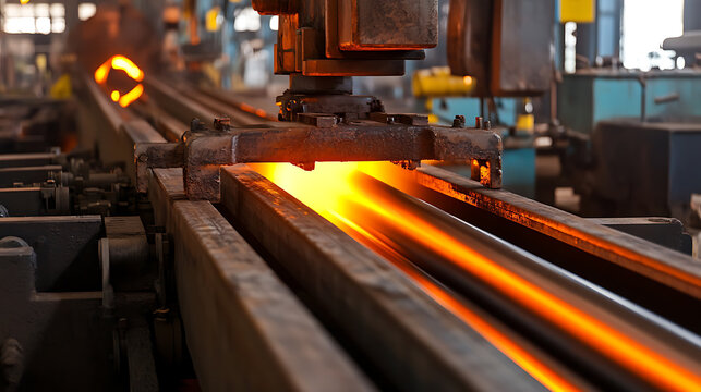 A mechanized steel mill processes glowing-hot metal rods. Heavy machinery shapes and cools the metal. Automation streamlines the production line. The factory hums with activity.