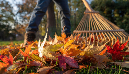 Close-Up of Colorful Autumn Leaves with Person Raking in Garden &ndash; Realistic Fall Afternoon Scene