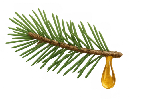 Pine branch with a dropping resin sap, illustrating natural gum from conifer tree, transparent background