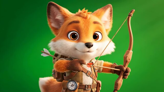 Cartoon Fox Archer with Bow and Arrow Against a Green Screen Background Wearing a Brown Outfit and Backpack Holding Arrow Ready to Shoot With Soft