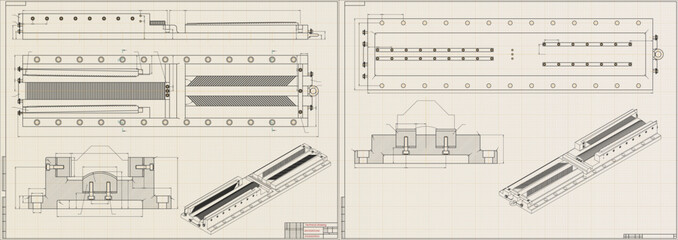 Mechanical engineering drawings on light background. Cutting tools, milling cutter. Technical Design. Cover. Blueprint. Horizontal seamless pattern. Vector illustration.