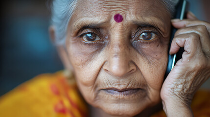 A close-up of an elderly woman with a thoughtful expression on her face while talking on her phone. The warm lighting highlights the lines on her face and the details in her eyes.